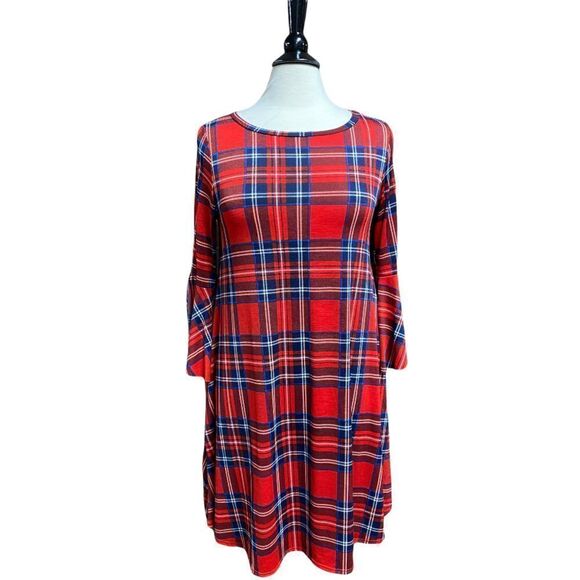 Red Plaid Bell Sleeve Crewneck Dress - Picture 1 of 4